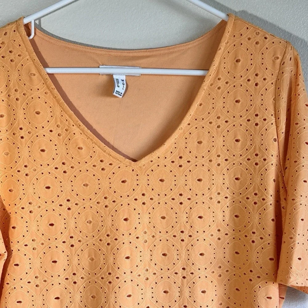 Isaac‎ Mizrahi Live Womens Orange Eyelet V Neck Short Sleeve Tunic Top M